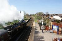 Black 5 no 45407 'The Lancashire Fusilier' heads west through Rishton station on the final part of the climb towards Blackburn with the Cotton Mills Express on 18 April 2009.<br><br>[John McIntyre 18/04/2009]