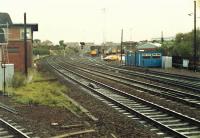 Eastfield depot viewed from Cowlairs West Junction with the previous Cowlairs signalbox on the left. The photograph was taken from a West Highland train.<br><br>[Ewan Crawford 03/09/1988]