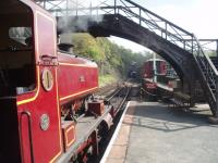 The view north from Haverthwaite, past the depot and towards the northern tunnel, as 0-4-0ST <I>David</I> waits to depart for Lakeside. As AB 2333/1953 this is one of the youngest surviving Andrew Barclay steam locos. It was built for Millom Ironworks and so has spent all its life in the Furness area.<br><br>[Mark Bartlett 26/04/2009]