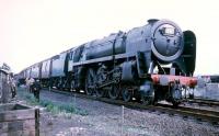 Britannia Pacific 70013 <I>Oliver Cromwell</I> with train 1Z95, the BR (Scottish Region) <I>Grand Rail Tour no 5</I>, seen following arrival at Hellifield on 1 June 1968. The train was taken north from here by Brush Type 4 no D1773.<br><br>[Robin Barbour Collection (Courtesy Bruce McCartney) 01/06/1968]