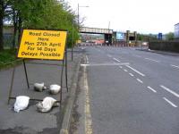 Looks like work is finally about to start on the East End Regeneration Route through Glasgow. Dalmarnock Road has been closed off for 2 weeks to allow removal of the redundant bridge that once carried the Switchback. View east on 27 April 2009, with Swanston Street (and Dalmarnock station) off to the right. <br>
<br><br>[Colin Harkins 27/04/2009]