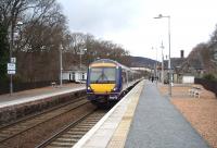 Having called on the way from Inverness to Glasgow, 170414 is ready to depart south from Pitlochry. The station buildings are in good  condition as are other pieces of infrastructure such as the signal box. A local charity bookshop occupies the room next to the booking office. View north towards Blair Atholl.<br><br>[Mark Bartlett 30/03/2009]