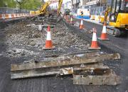 Tram rails (re)appear in Princes Street... view west on 29 April 2009 showing fragments of old tram rails recovered during the excavations.<br><br>[Bill Roberton 29/04/2009]