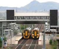 View east at Edinburgh Park on 30 April 2009 showing electrification masts now in place. Trains for Bathgate and Waverley stand at the platforms.<br>
<br><br>[John Furnevel 30/04/2009]