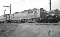 Electric and diesel locomotives stand in the stabling sidings at the east end of 41C Wath shed on 7 October 1962.<br><br>[K A Gray 07/10/1962]