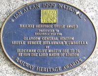 The Railway Heritage Award plaque near the Argyle Street entrance of Glasgow Central. This was awarded in 1999 for work on the Hielanman's Umbrella in Argyle Street<br><br>[Graham Morgan 01/05/2009]