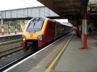 A Birmingham New Street to Glasgow Central Virgin Voyager arrives at Lancaster with the 1538 hrs service on 27 April 2009.<br><br>[John McIntyre 27/04/2009]