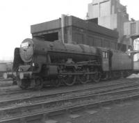 One of the pair of rebuilt <I>Jubilee</I> class locomotives no 45735 <I>Comet</I> (the other being 45736 <I>Phoenix</I>) stands on Rose Grove shed on 7 April 1963. Despite talk of possible preservation the locomotive was eventually cut up at Cashmores, Great Bridge, in January 1965.  <br><br>[David Pesterfield 7/04/1963]