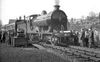 Preserved ex-NBR 4-4-0 no 256 <I>Glen Douglas</I> at Langholm with the SLS/MLS <I>Carlisle Railtour</I> of 6 April 1963 preparing to return to Carlisle.<br><br>[K A Gray 06/04/1963]
