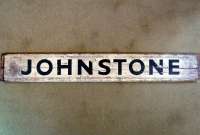 The destination board from the departure gallery at St. Enoch for Johnstone (obviously) which slatted into the racks on the windows and would have been last used on 26 June 1966. Bought for (I think) two and sixpence at a sale by BR - all the good names had gone by the time I got there (no offence Graham!)<br>
<br><br>[Colin Miller 26/06/1966]
