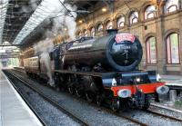 6201 'Princess Elizabeth' with support coach in the Up & Down Goods Loop at Preston station on the evening of 9 May 2009 whilst the tender is replenished with water from a local hydrant. The locomotive had earlier hauled the <I>Cumbrian Mountain Express</I> railtour from Doncaster to Carlisle and then ran via Shap with its support coach to Crewe.<br><br>[John McIntyre 09/05/2009]