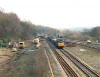 31531 near the former Horbury & Ossett station (right foreground) on 17 March 1991 during track reduction works between Healey Mills and Horbury Junction.<br><br>[David Pesterfield 17/03/1991]