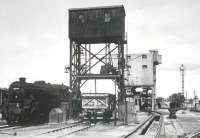 One of Perth's <I>Top Link</I> Black 5s no 44704 stands alongside the shed's ash disposal plant with the coaling tower in the background. The photograph is thought to have been taken in 1963.  [Editor's note: GS tells me that Perth locomen referred to these locomotives as <I>Hikers</I>. He also recalls working with Jimmy Edwards, regular fireman of featured locomotive 44704, who, following its withdrawal in September 1966, purchased 704's smokebox number plate. The plate currently resides with his grandson in Switzerland.]        <br>
<br><br>[Gary Straiton Collection //1963]