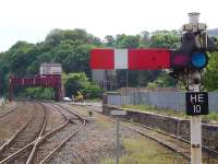 View west from the footbridge at Hexham station on 17 May 2009 with signal box in background.<br><br>[John Steven 17/05/2009]