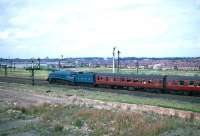 4498 <I>Sir Nigel Gresley</I> on the eastern approach to Carlisle on 27 August 1967 with an RCTS Railtour from Leeds. The train is westbound on the Settle & Carlisle line at Durranhill with the remains of the old MR yard and shed nearest the camera and the sprawling Botchergate housing estate forming the backdrop. Just out of sight beyond the train and running in parallel with the S&C at this point is the Newcastle and Carlisle route. The two will meet at Petteril Bridge Junction, less than a mile to the west. [See image 14721]<br>
<br><br>[Robin Barbour Collection (Courtesy Bruce McCartney) 27/08/1967]