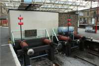 The buffers at the south end of platforms 7 & 8 at Carlisle on 9 May 2009. The sign behind the left set instructs staff not to stable rolling stock hard against the hydraulic buffers. I hope no one even tries to make contact with the buffers with the Sprinter DMUs that frequent platform 7 let alone stable up against them!<br><br>[John McIntyre 09/05/2009]