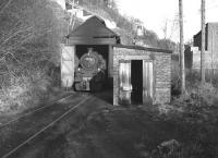 BR standard class 4 no 80126 in the single road wooden locomotive shed at Loch Tay in February 1964. Passenger services on the branch were cut back to Killin in 1939 when the station at Loch Tay (which had originally carried the suffix <I>Pier</I>) was closed.<br><br>[Robin Barbour Collection (Courtesy Bruce McCartney) 01/02/1964]
