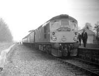 The GNSR <I>Formartine and Buchan Excursion</I> stands at Mintlaw on the Peterhead branch on 24 May 1969. For the first 6 years of its existence, this 1861 station carried the name <I>Old Deer and Mintlaw</I>, making it sound rather like one of the <I>Connoisseur Range</I> of Baxter's soups. <br>
<br><br>[Robin Barbour Collection (Courtesy Bruce McCartney) 24/05/1969]