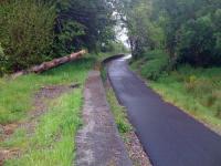 The platform at the former Ballachulish Ferry station (closed March 1966) is still in surprisingly good condition, with the trackbed for several miles westward having now been converted to a pedestrian/cycle track by Sustrans (the long term ambition being to link up the entire stretch to North Connel). The old platform is seen here looking east along the trackbed in May 2009.<br>
<br><br>[Tony White /05/2009]