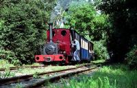 The fireman, having completed coupling up, climbs aboard Quarry Hunslet no 823 'Irish Mail' as it waits at Delph for the return trip to Becconsall on the West Lancashire Light Railway. The platform is hidden by the train and the track in the foreground is the run round loop.<br><br>[John McIntyre /08/1994]