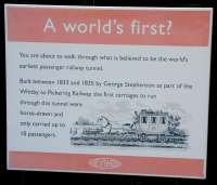 Information board alongside Stephenson's original 1835 tunnel at Grosmont in April 2009. [See 24122] [Railscot note: Paul Harvey points out that the tunnel under the Queens Park in Edinburgh (on the Edinburgh & Dalkeith Railway approach to St Leonards station) opened in 1831 and therefore predates the NYMR tunnel.] [See image 17619]<br><br>[John Furnevel 24/04/2009]