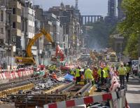 Tram rails being installed on Princes Street!  View looking east on 18 June 2009.<br><br>[Bill Roberton 18/06/2009]