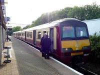 Platform scene at Airdrie on 16 June 2009 during a final briefing regarding the journey to Drumgelloch.<br><br>[John Steven 16/06/2009]