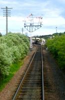 Home Signal gantry controlling entrance to Boness. Thanks go to the Driver, Goundframe Operator and Engineer who allowed me the opportunity to ride in the front cab.<br><br>[Colin Harkins 20/06/2009]