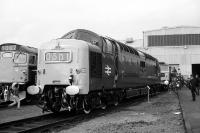 9021 'Argyll & Sutherland Highlander' seen on 16 September 1972 at the Eastfield Open Day with the more usual Eastfield locos of Class 27 on the left and Class 47 to the right rear of the Deltic.<br><br>[John McIntyre 16/09/1972]