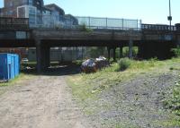 View east over the cleared Partick Central station site showing Benalder Street bridge in June 2009.<br><br>[Alistair MacKenzie 23/06/2009]