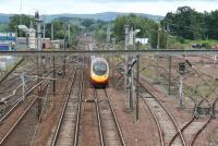 The loops and sidings at Beattock in July 2008. View south towards the former station site with a Pendolino about to commence the ascent and a Voyager disappearing into the distance. <br><br>[John Furnevel 17/07/2008]