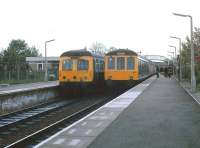 DMUs crossing at Elgin in May 1979.<br><br>[Peter Todd /05/1979]