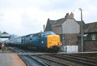 Deltic 55017 <I>The Durham Light Infantry</I> comes off the swing bridge over the River Ouse into Selby on 23 August 1979 with a service for Kings Cross. Some 4 years later the east coast main line was rerouted, bypassing this notorious bottleneck.<br>
<br><br>[Peter Todd 23/08/1979]