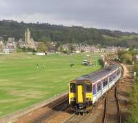 Edinburgh bound <i>Sprinter</i> coasts along the front at Burntisland in 2003 passing Burntisland East Junction in 2003.<br><br>[James Young 12/10/2003]