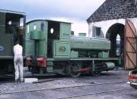 The former Balmenach Distillery Barclay 0-4-0ST stands outside the Strathspey Railway's Aviemore shed in August 1979.<br>
<br><br>[Peter Todd /08/1979]