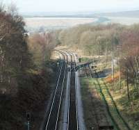 Looking west over Wellbeck Colliery Junction. The line west to Shirebrook is round to the left and the line to the right runs to the colliery. There is a loop on the branch just beyond the junction.<br><br>[Ewan Crawford 14/01/2005]