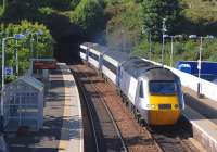 A National Express HST set passes through North Queensferry station on 23 June 2009 with train 1E24, the 14:49 Aberdeen - London Kings Cross.<br><br>[Andy Carr 23/06/2009]