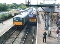 D5054 alongside D1062 <i>Western Courier</i> at Ramsbottom on 5 July during the East Lancs diesel gala weekend.<br>
<br><br>[Colin Alexander 05/07/2009]