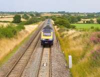 Passing HST seen from a road bridge near the village of Brinkworth, west of Wootton Basset on the GWR main line on 23 July. Apart from the odd sheep, inquisitive cows and several RAF C130s, all was quiet. The new engines on the HSTs are remarkably silent compared to the originals.<br>
<br><br>[Peter Todd 23/07/2009]