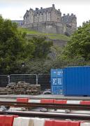 Tram rails are now in place along much of Princes Street west of The Mound. View south over the track laying works towards the Castle on 23 July.<br><br>[Bill Roberton 23/07/2009]
