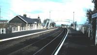 Platform view at Fauldhouse station looking east in October 1985 showing the main station building, since demolished<br><br>[David Panton /10/1985]