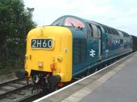 Deltic 55022 <I>The Kings Own Yorkshire Light Infantry</I> stands at Heywood on 5 July 2009 during the East Lancs diesel gala weekend.<br>
<br><br>[Colin Alexander 05/07/2009]