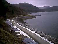 View west over the new alignment of the railway to the east of Stromeferry station in February 2002, just prior to tracklaying in the aftermath of the mudslide. The original course was very slightly closer to the hillside.<br><br>[Ewan Crawford 10/02/2002]