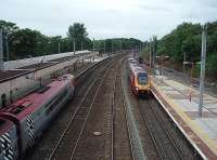 Northern end of Lancaster (Castle) station at 1700 hrs on 22 July. Voyager 221108, on the left, has just terminated on a service from London and will shortly go forward ECS to Carnforth for a short layover before returning to form a Euston service. 221109 is just pulling in on a service from Scotland to Birmingham New Street. <br><br>[Mark Bartlett 22/07/2009]