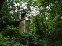 An unexpected hitch. Not visible on Google Earth as it is hidden in the trees, the steel span of this bridge near St Fillans has been removed for scrap. This requires a long detour in order to regain the trackbed on the other side of a gorge.<br><br>[John Gray 30/07/2009]