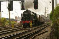 The second steam hauled train to depart from Preston on 5 August 2009 within a 20 minute period was <I>The Fellsman</I> railtour from Lancaster to Carlisle via Blackburn and the Settle & Carlisle line. 46115 <I>Scots Guardsman</I> makes a spirited departure out of platform 3 before crossing onto the Up Slow line so that it can access the East Lancs line at Farington Curve Junction.<br><br>[John McIntyre 05/08/2009]