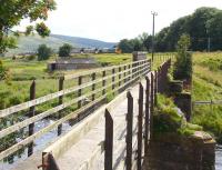 View south across the River Clyde at Crawford on 5 August 2009, showing the old railway bridge that once carried the 3 ft gauge line built on behalf of Lanarkshire County Council in the 1920s in connection with the construction of Camps reservoir.  By the time the reservoir was completed in 1930 the line had served its purpose and was lifted within 10 years. In the background a Freightliner class 66 locomotive is about to run past the site of the former exchange sidings with northbound empties and will shortly cross the Clyde via a much more renowned (and photographed) structure [see image 28957]. <br>
<br><br>[John Furnevel 05/08/2009]