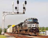 A trio of locomotives with a northbound freight, headed by D9-40CW no 9591, rumbles through downtown Easley, South Carolina, on the Norfolk Southern Railway <I>Crescent Line</I> in August 2009.<br><br>[Andy Carr 07/08/2009]