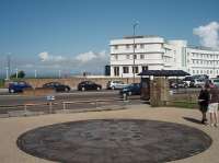 From the canopy at the old Promenade station in Morecambe the view across the old forecourt has been enhanced by the recent restoration of the famous <I>art deco</I> Midland Hotel. <br><br>[Mark Bartlett 07/08/2009]