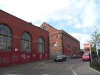 The surviving buildings of the former Edinburgh Corporation tram depot at Shrubhill seen from Dryden Street on 3 June 2009. The Leith Corporation depot was located a short distance to the north of here on the east side of Leith Walk. [See image 11373]  <br><br>[David Panton 03/06/2009]